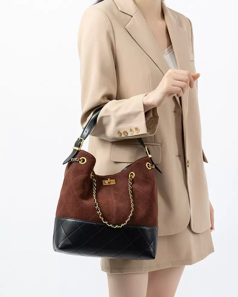Genuine Suede Leather Chain Bucket Bag | Effortless Colorblock Elegance