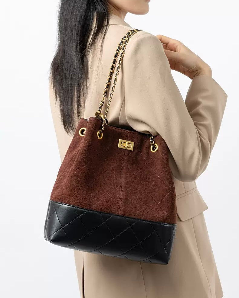 Genuine Suede Leather Chain Bucket Bag | Effortless Colorblock Elegance