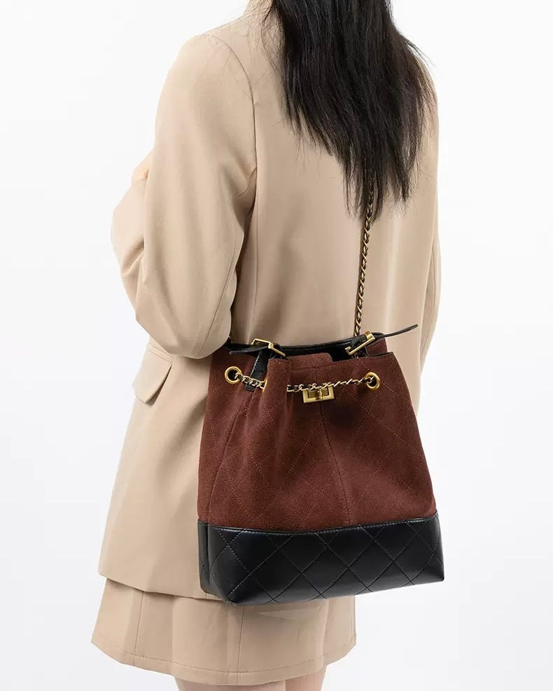 Genuine Suede Leather Chain Bucket Bag | Effortless Colorblock Elegance
