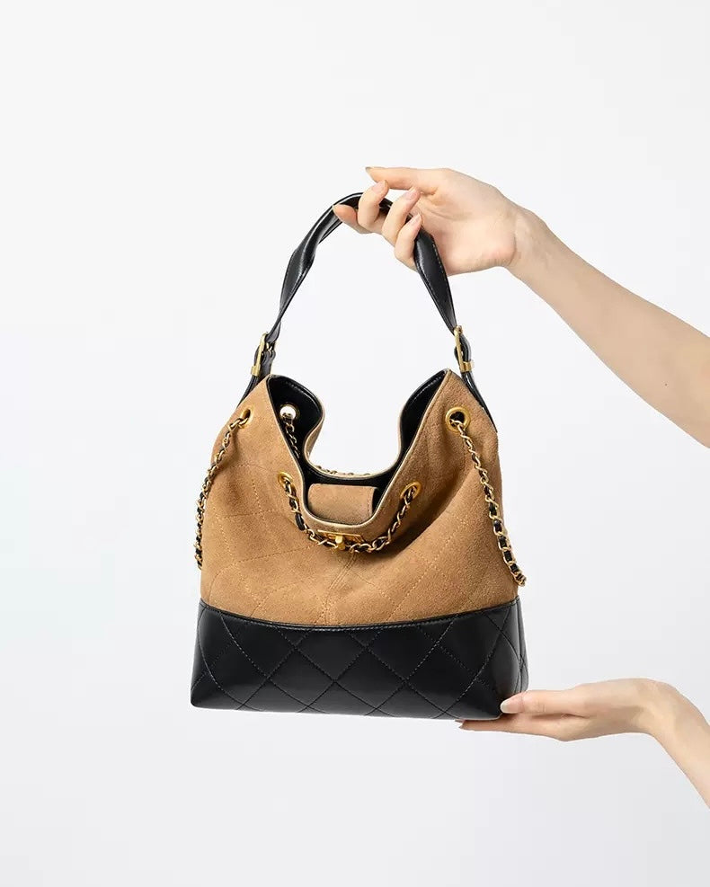 Genuine Suede Leather Chain Bucket Bag | Effortless Colorblock Elegance