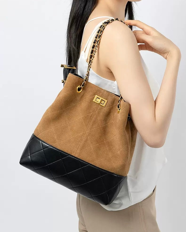 Genuine Suede Leather Chain Bucket Bag | Effortless Colorblock Elegance