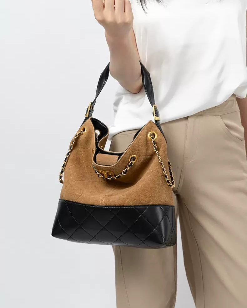 Genuine Suede Leather Chain Bucket Bag | Effortless Colorblock Elegance
