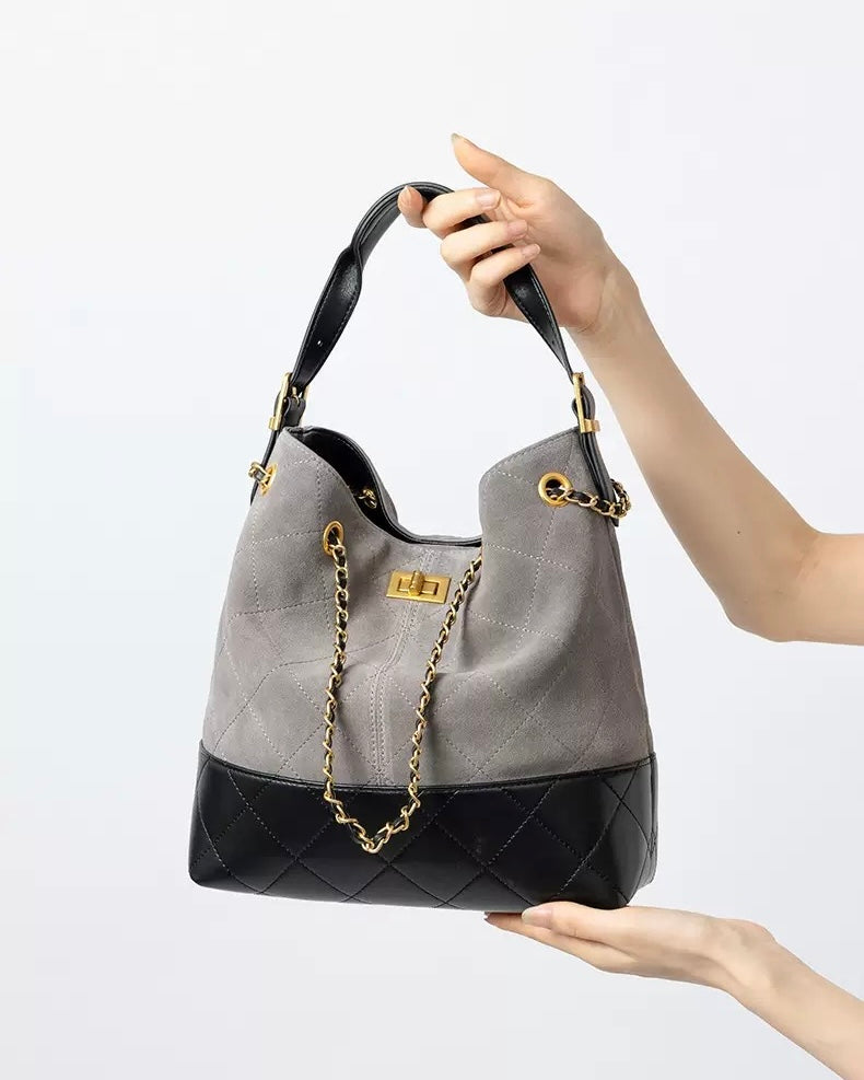Genuine Suede Leather Chain Bucket Bag | Effortless Colorblock Elegance
