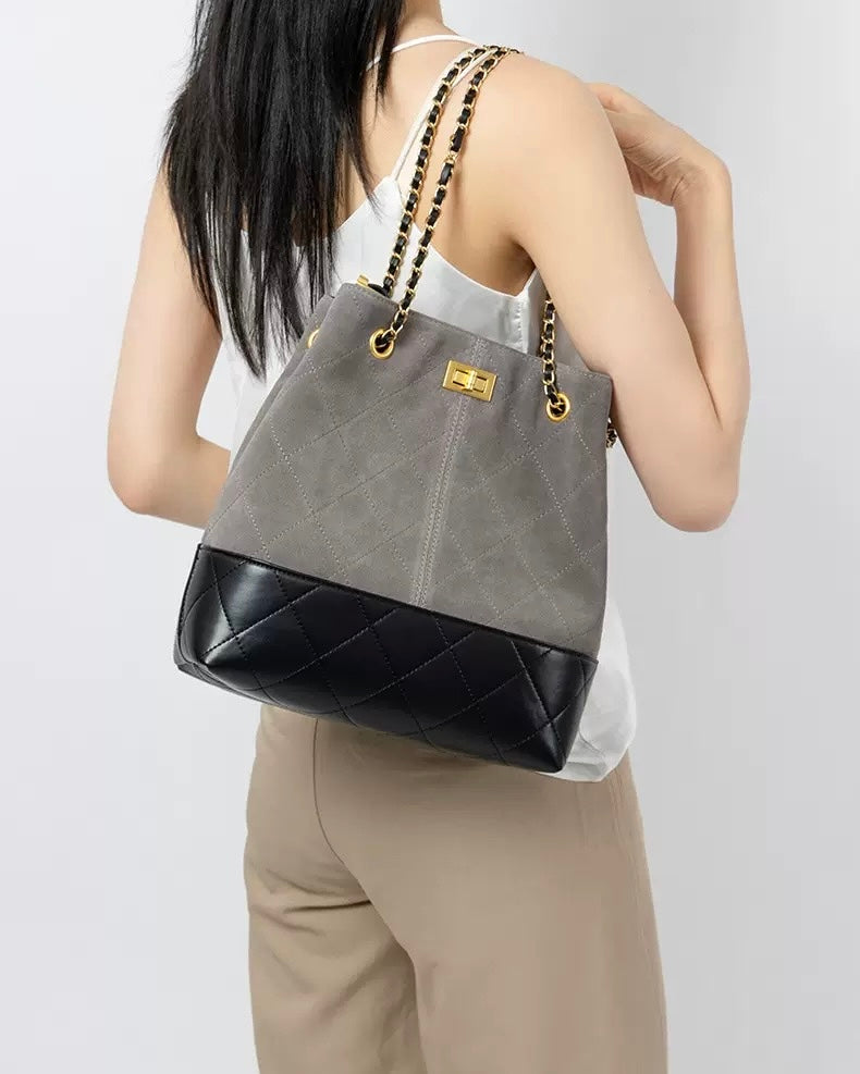 Genuine Suede Leather Chain Bucket Bag | Effortless Colorblock Elegance