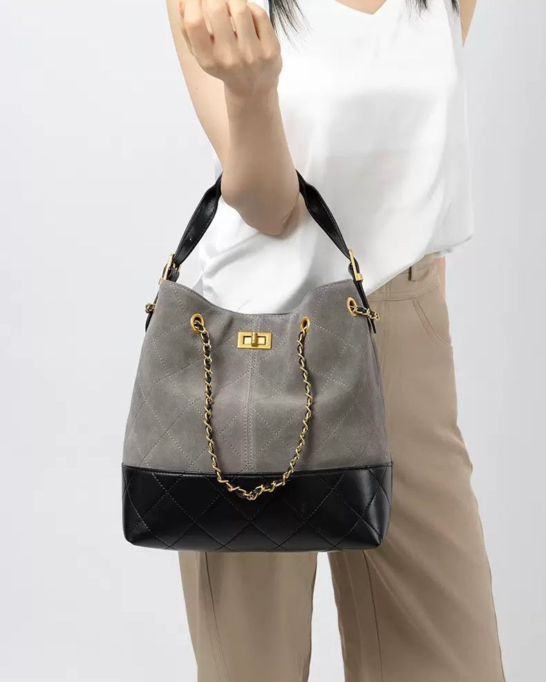Genuine Suede Leather Chain Bucket Bag | Effortless Colorblock Elegance