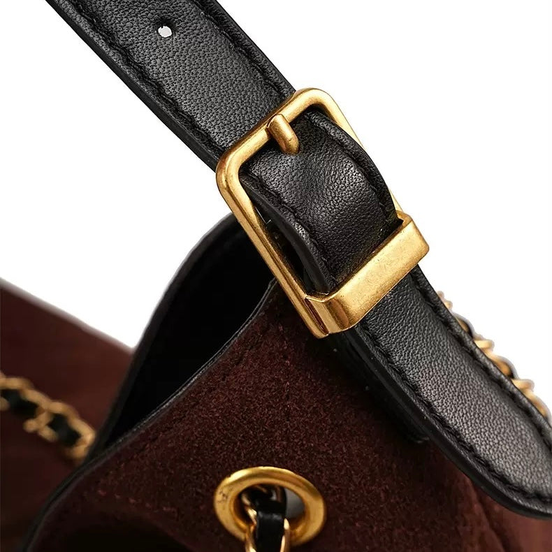 Genuine Suede Leather Chain Bucket Bag | Effortless Colorblock Elegance