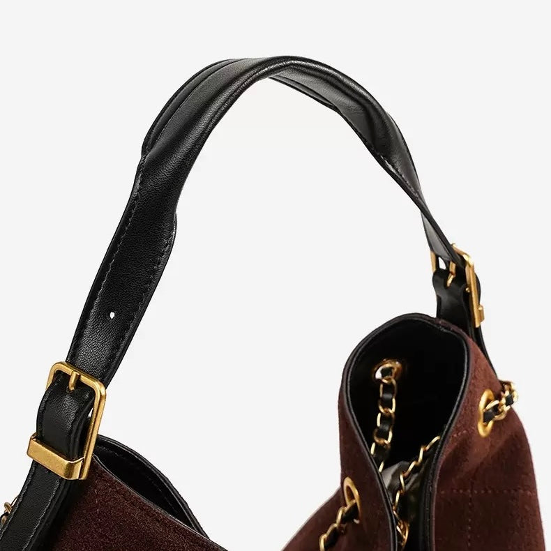 Genuine Suede Leather Chain Bucket Bag | Effortless Colorblock Elegance