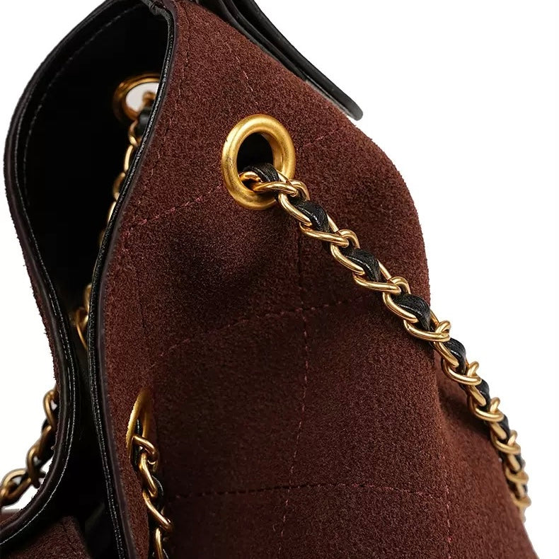 Genuine Suede Leather Chain Bucket Bag | Effortless Colorblock Elegance