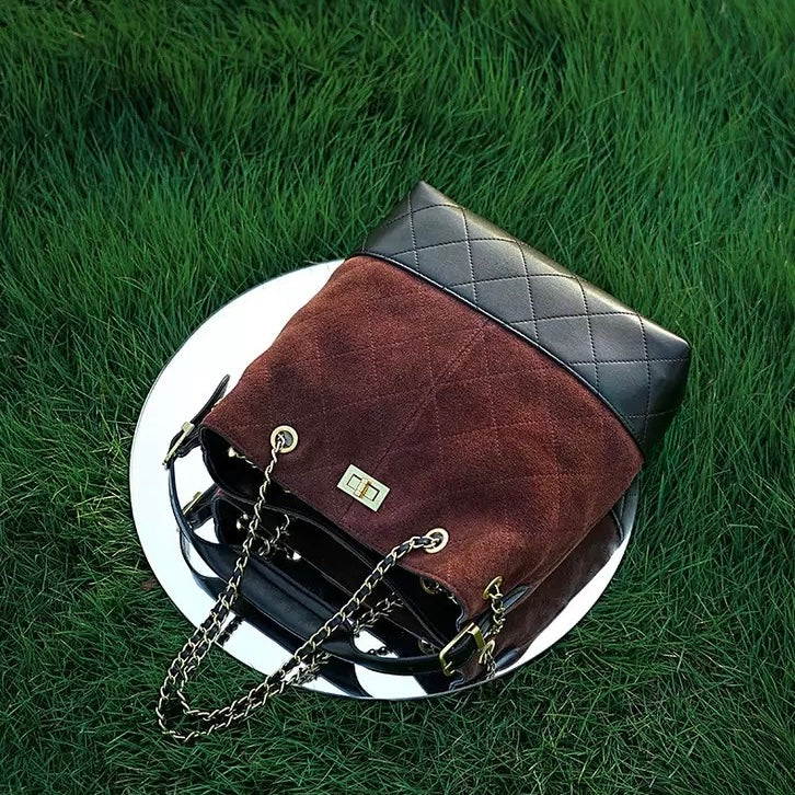Genuine Suede Leather Chain Bucket Bag | Effortless Colorblock Elegance