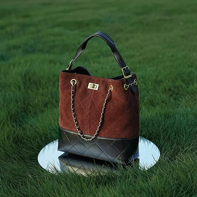 Genuine Suede Leather Chain Bucket Bag | Effortless Colorblock Elegance