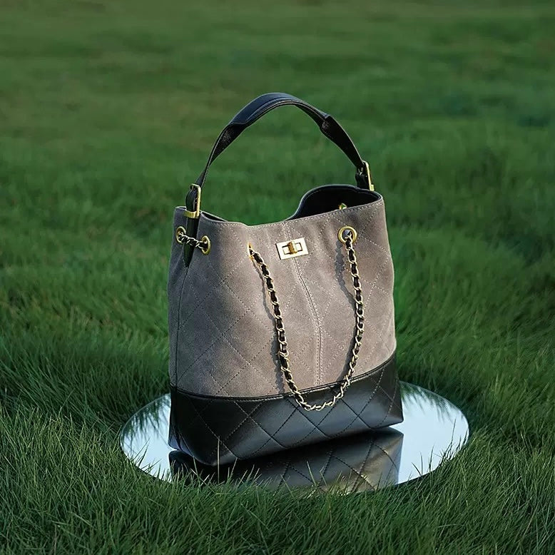 Genuine Suede Leather Chain Bucket Bag | Effortless Colorblock Elegance