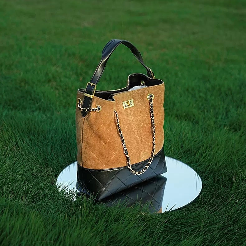 Genuine Suede Leather Chain Bucket Bag | Effortless Colorblock Elegance