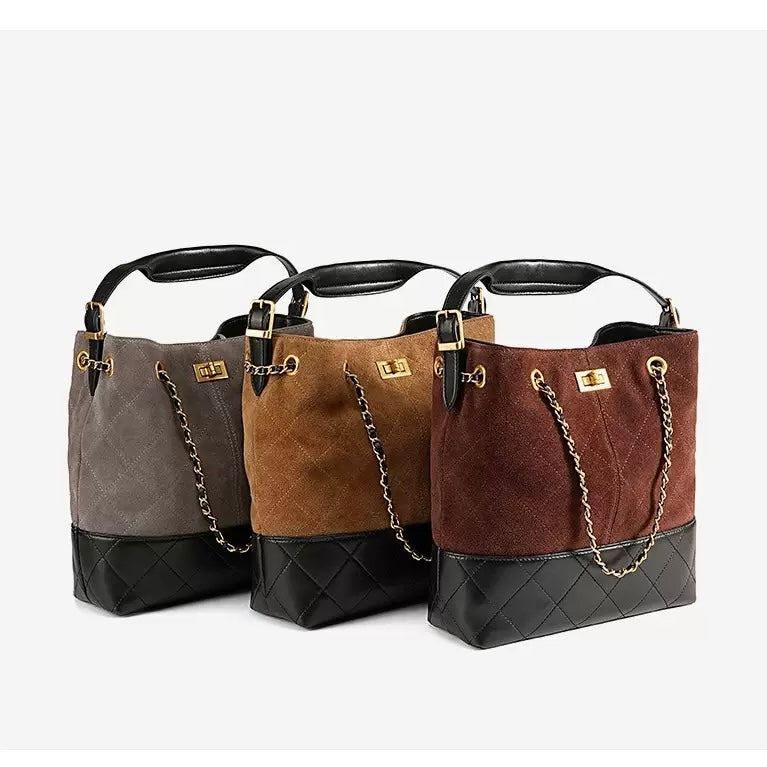 Genuine Suede Leather Chain Bucket Bag | Effortless Colorblock Elegance