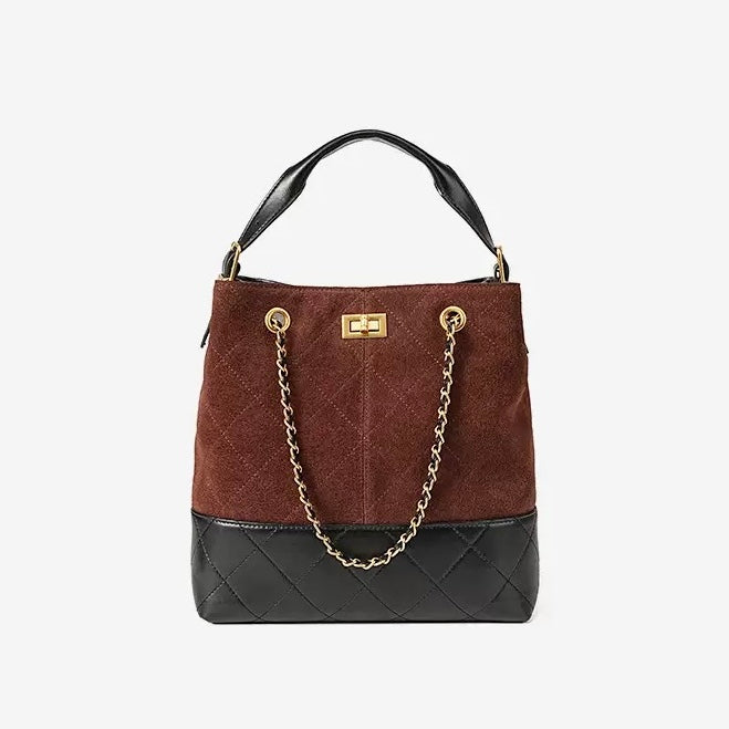 Genuine Suede Leather Chain Bucket Bag | Effortless Colorblock Elegance