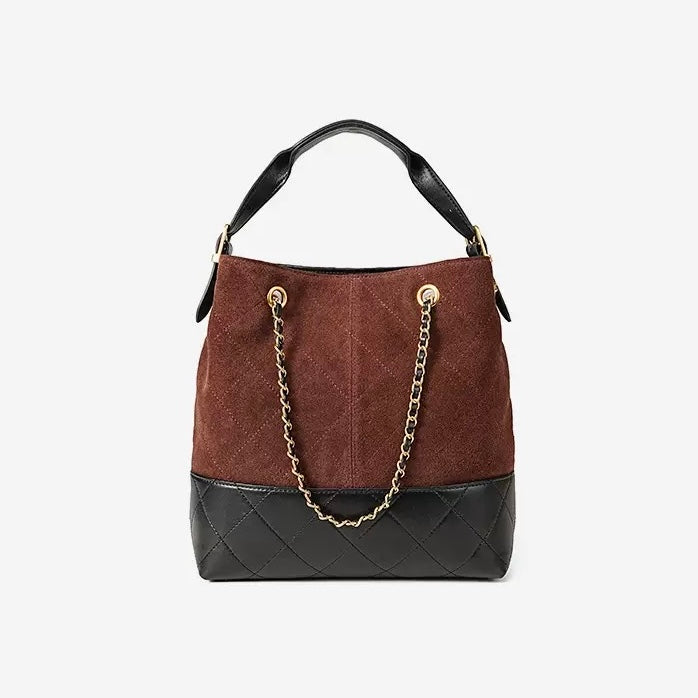 Genuine Suede Leather Chain Bucket Bag | Effortless Colorblock Elegance