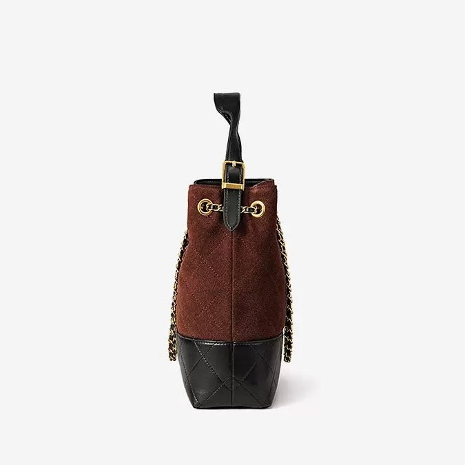 Genuine Suede Leather Chain Bucket Bag | Effortless Colorblock Elegance