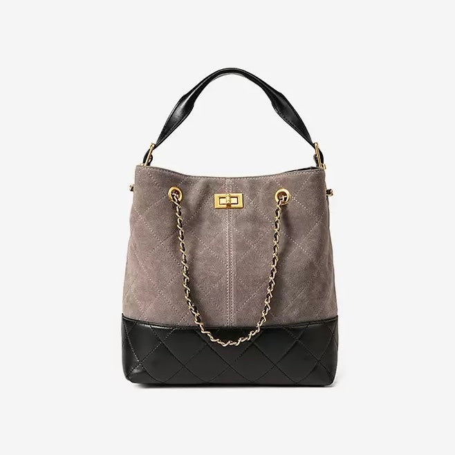 Genuine Suede Leather Chain Bucket Bag | Effortless Colorblock Elegance