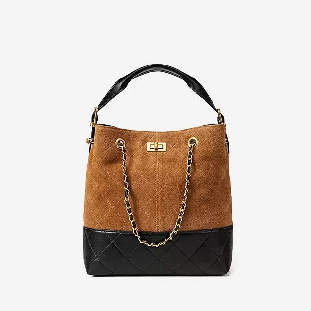 Genuine Suede Leather Chain Bucket Bag | Effortless Colorblock Elegance
