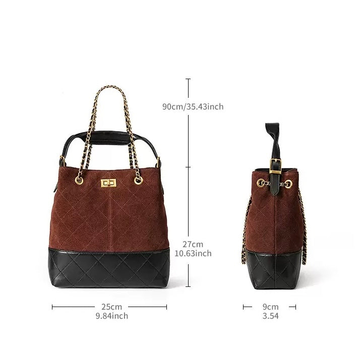 Genuine Suede Leather Chain Bucket Bag | Effortless Colorblock Elegance