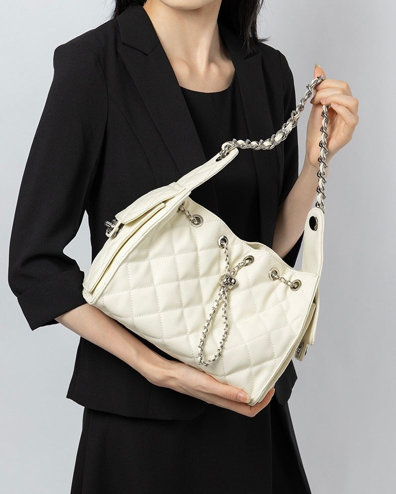 Genuine Leather Bucket Crossbody Bag | Caviar Pattern Effortless Elegance