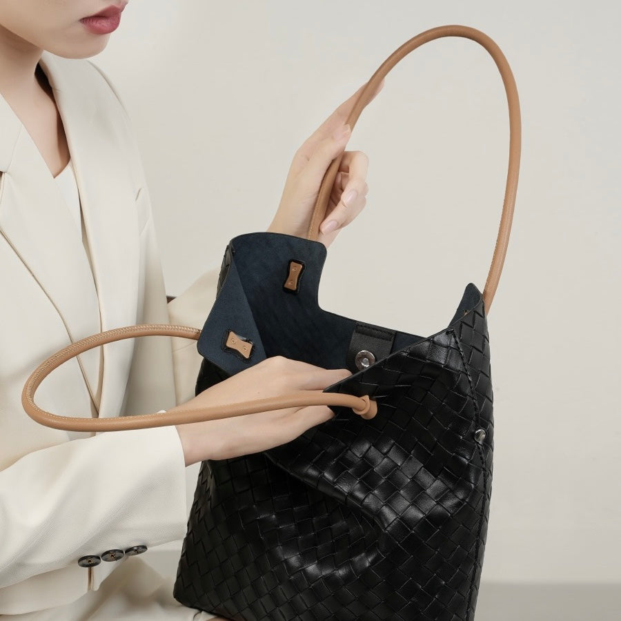 Women’s Genuine Woven Leather Shoulder Tote Bag | Effortless Minimalist Elegance