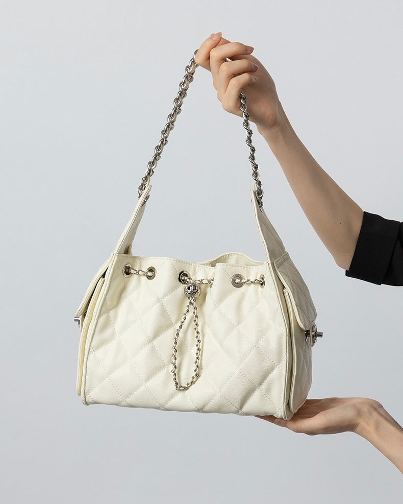 Genuine Leather Bucket Crossbody Bag | Caviar Pattern Effortless Elegance