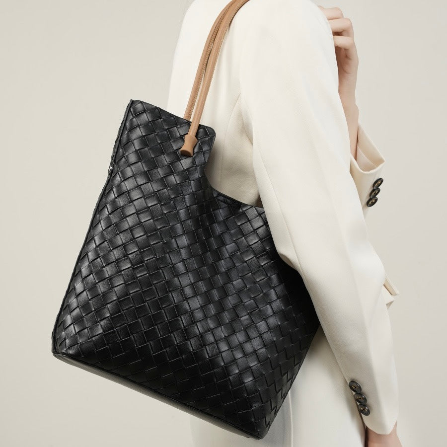 Women’s Genuine Woven Leather Shoulder Tote Bag | Effortless Minimalist Elegance