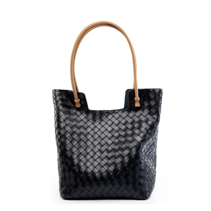 Women’s Genuine Woven Leather Shoulder Tote Bag | Effortless Minimalist Elegance