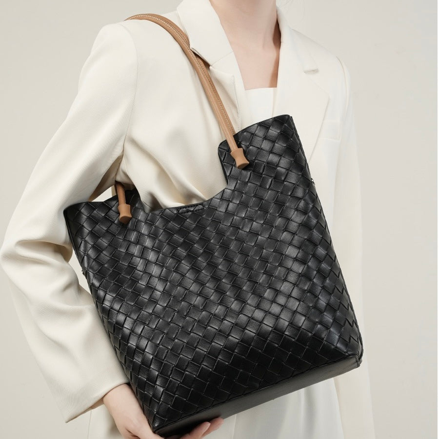 Women’s Genuine Woven Leather Shoulder Tote Bag | Effortless Minimalist Elegance