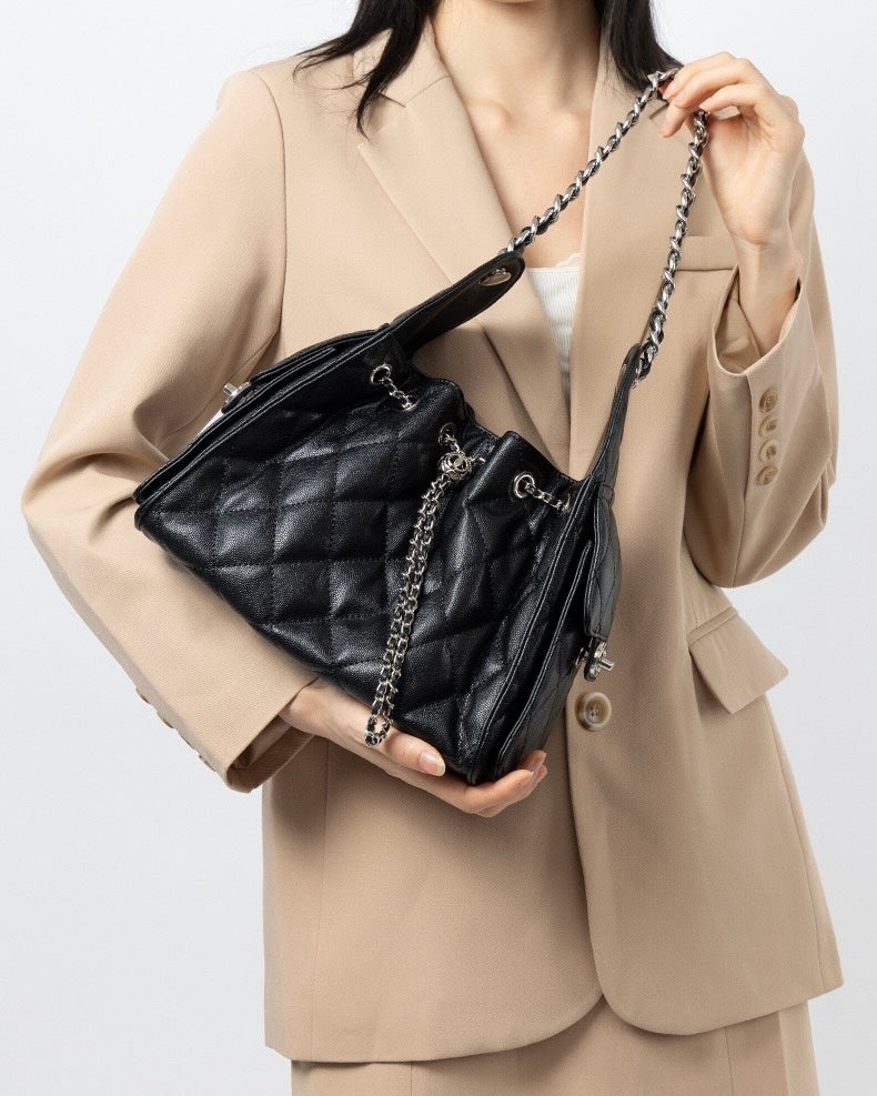 Genuine Leather Bucket Crossbody Bag | Caviar Pattern Effortless Elegance