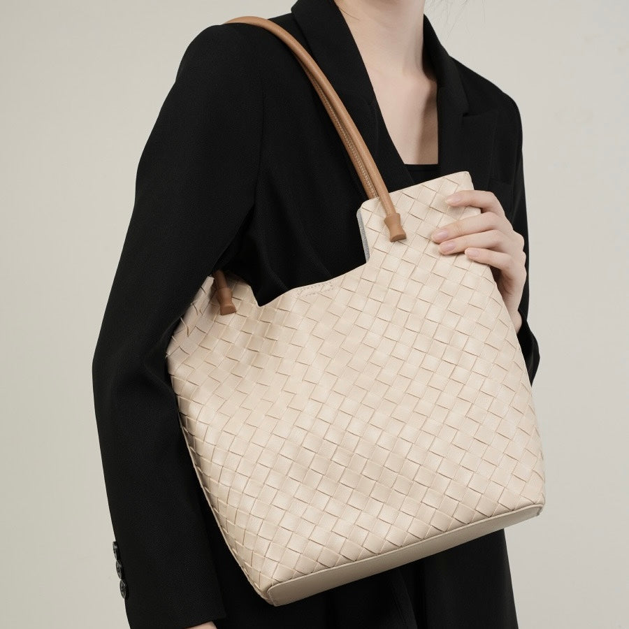 Women’s Genuine Woven Leather Shoulder Tote Bag | Effortless Minimalist Elegance