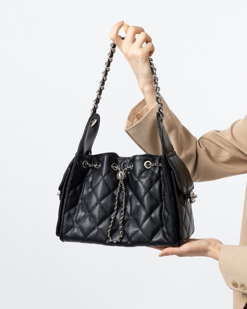 Genuine Leather Bucket Crossbody Bag | Caviar Pattern Effortless Elegance