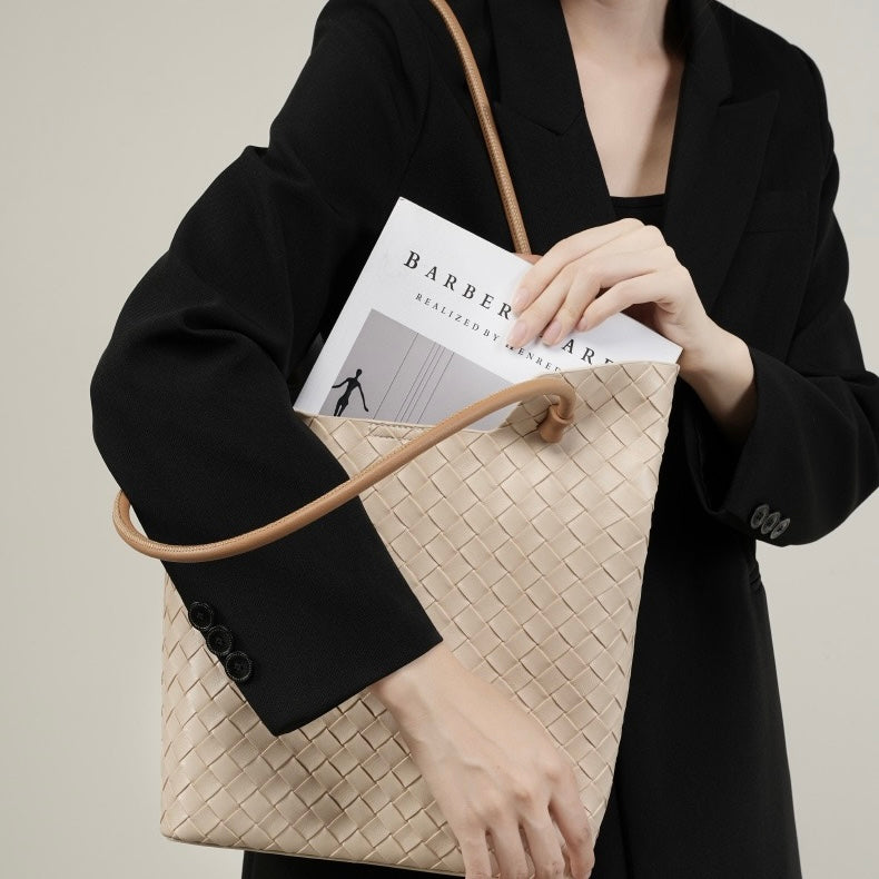 Women’s Genuine Woven Leather Shoulder Tote Bag | Effortless Minimalist Elegance