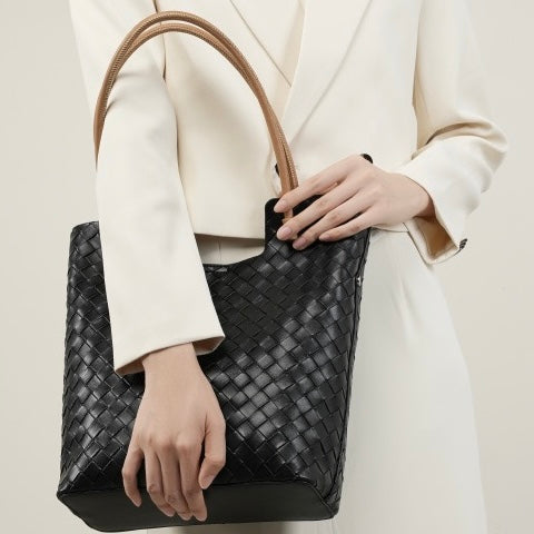 Women’s Genuine Woven Leather Shoulder Tote Bag | Effortless Minimalist Elegance