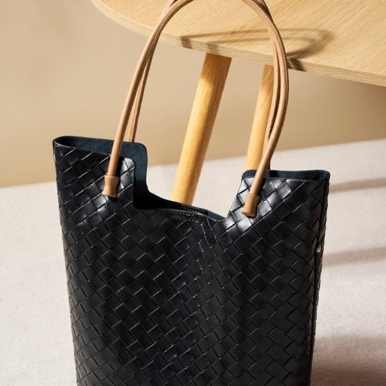 Women’s Genuine Woven Leather Shoulder Tote Bag | Effortless Minimalist Elegance