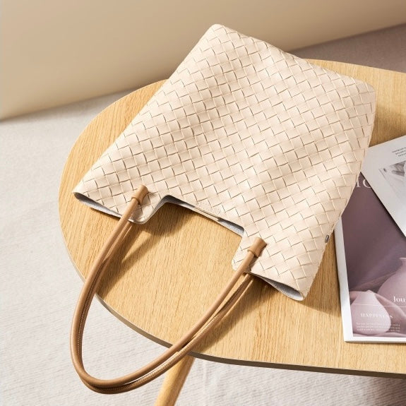 Women’s Genuine Woven Leather Shoulder Tote Bag | Effortless Minimalist Elegance