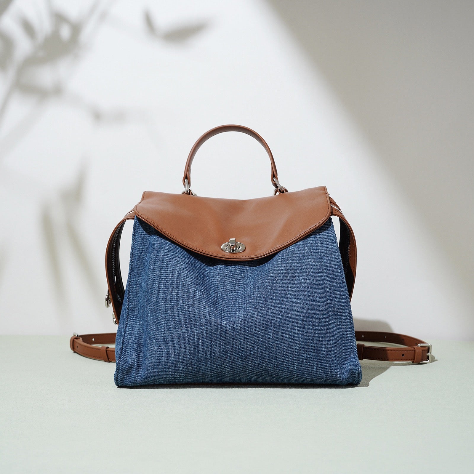 Women’s Genuine Leather and Denim Patchwork Backpack | Spacious Commuter Elegance