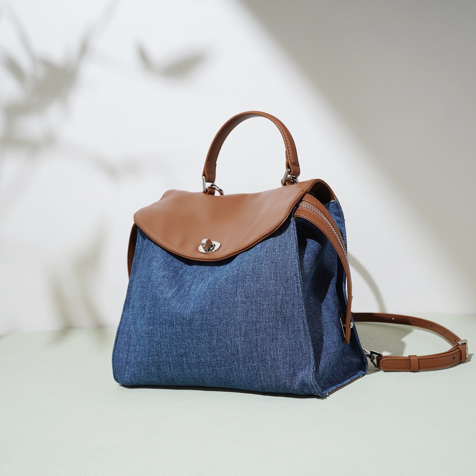 Women’s Genuine Leather and Denim Patchwork Backpack | Spacious Commuter Elegance