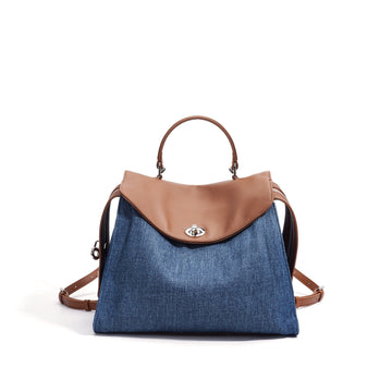 Women’s Genuine Leather and Denim Patchwork Backpack | Spacious Commuter Elegance