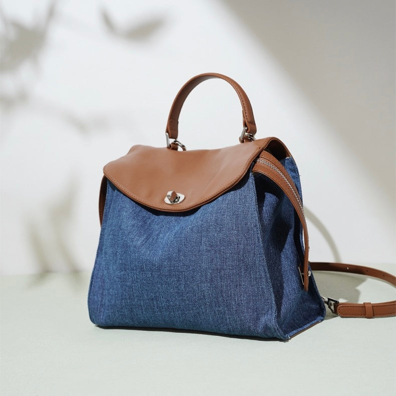 Women’s Genuine Leather and Denim Patchwork Backpack | Spacious Commuter Elegance
