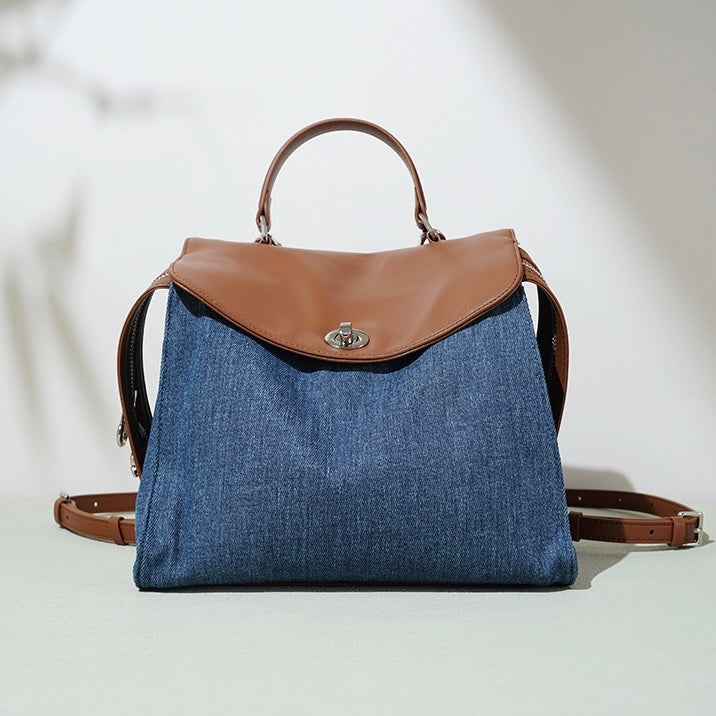 Women’s Genuine Leather and Denim Patchwork Backpack | Spacious Commuter Elegance