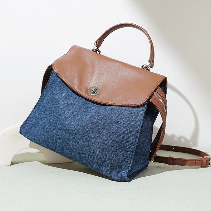 Women’s Genuine Leather and Denim Patchwork Backpack | Spacious Commuter Elegance