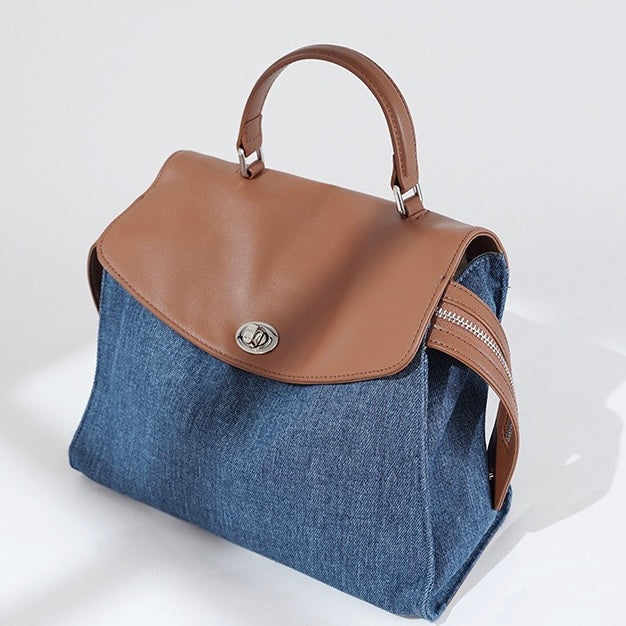 Women’s Genuine Leather and Denim Patchwork Backpack | Spacious Commuter Elegance