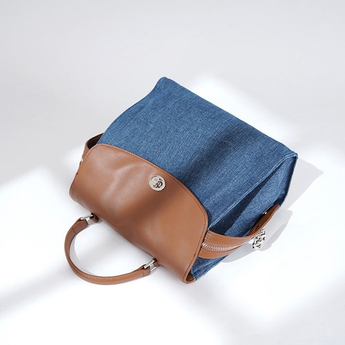 Women’s Genuine Leather and Denim Patchwork Backpack | Spacious Commuter Elegance