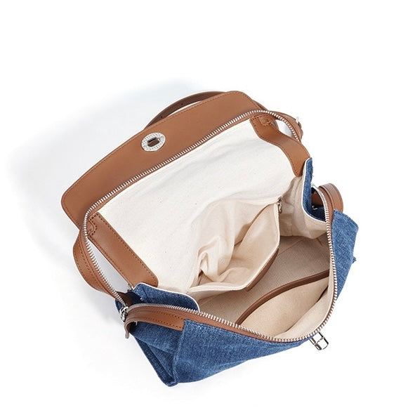 Women’s Genuine Leather and Denim Patchwork Backpack | Spacious Commuter Elegance