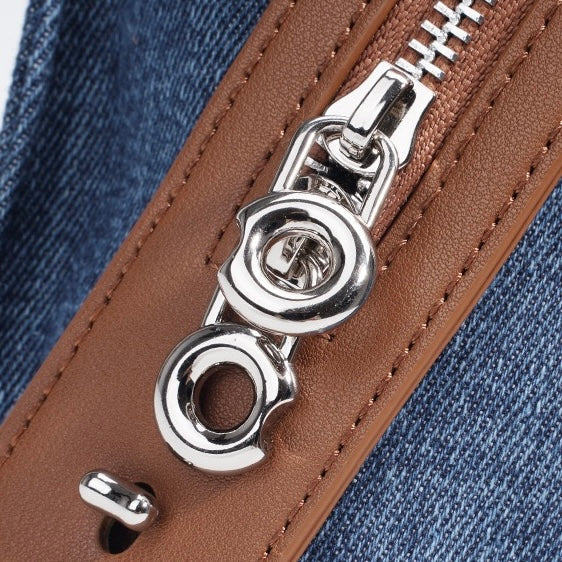 Women’s Genuine Leather and Denim Patchwork Backpack | Spacious Commuter Elegance