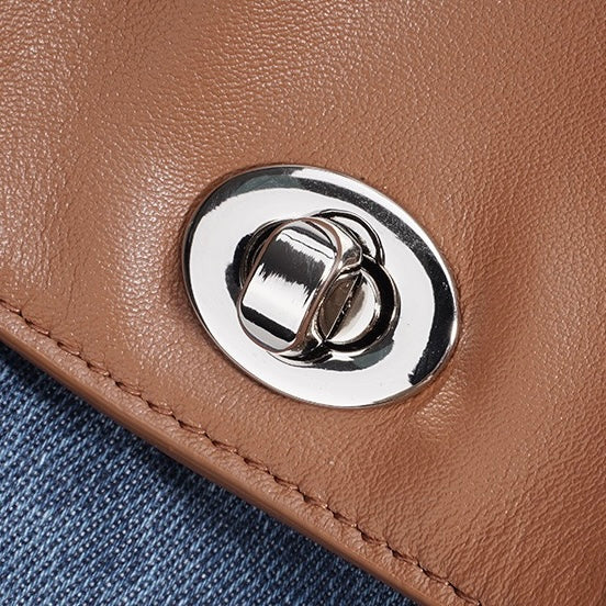 Women’s Genuine Leather and Denim Patchwork Backpack | Spacious Commuter Elegance