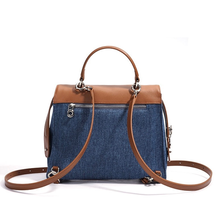 Women’s Genuine Leather and Denim Patchwork Backpack | Spacious Commuter Elegance