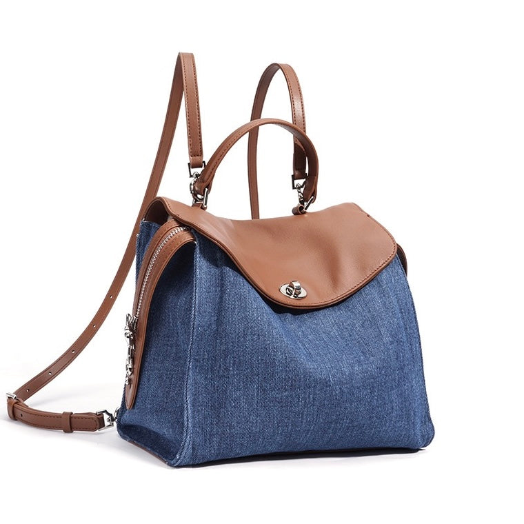 Women’s Genuine Leather and Denim Patchwork Backpack | Spacious Commuter Elegance