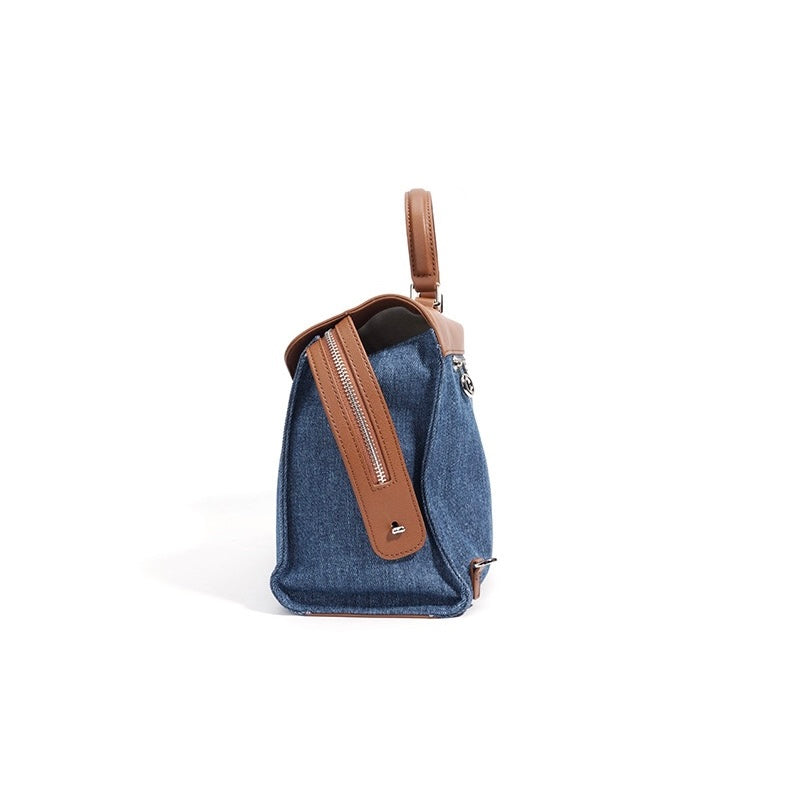 Women’s Genuine Leather and Denim Patchwork Backpack | Spacious Commuter Elegance